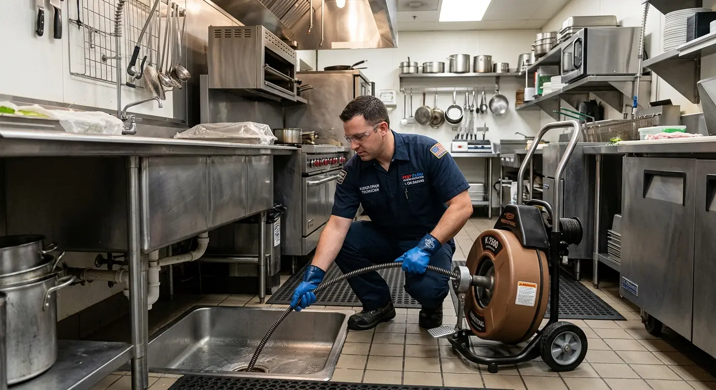Commercial drain cleaning service in a restaurant kitchen in Fort Polk South