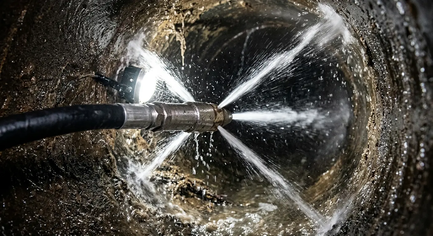 High-pressure hydro jetting nozzle cleaning sewer pipe for Sewer Line Relining in Fort Polk South