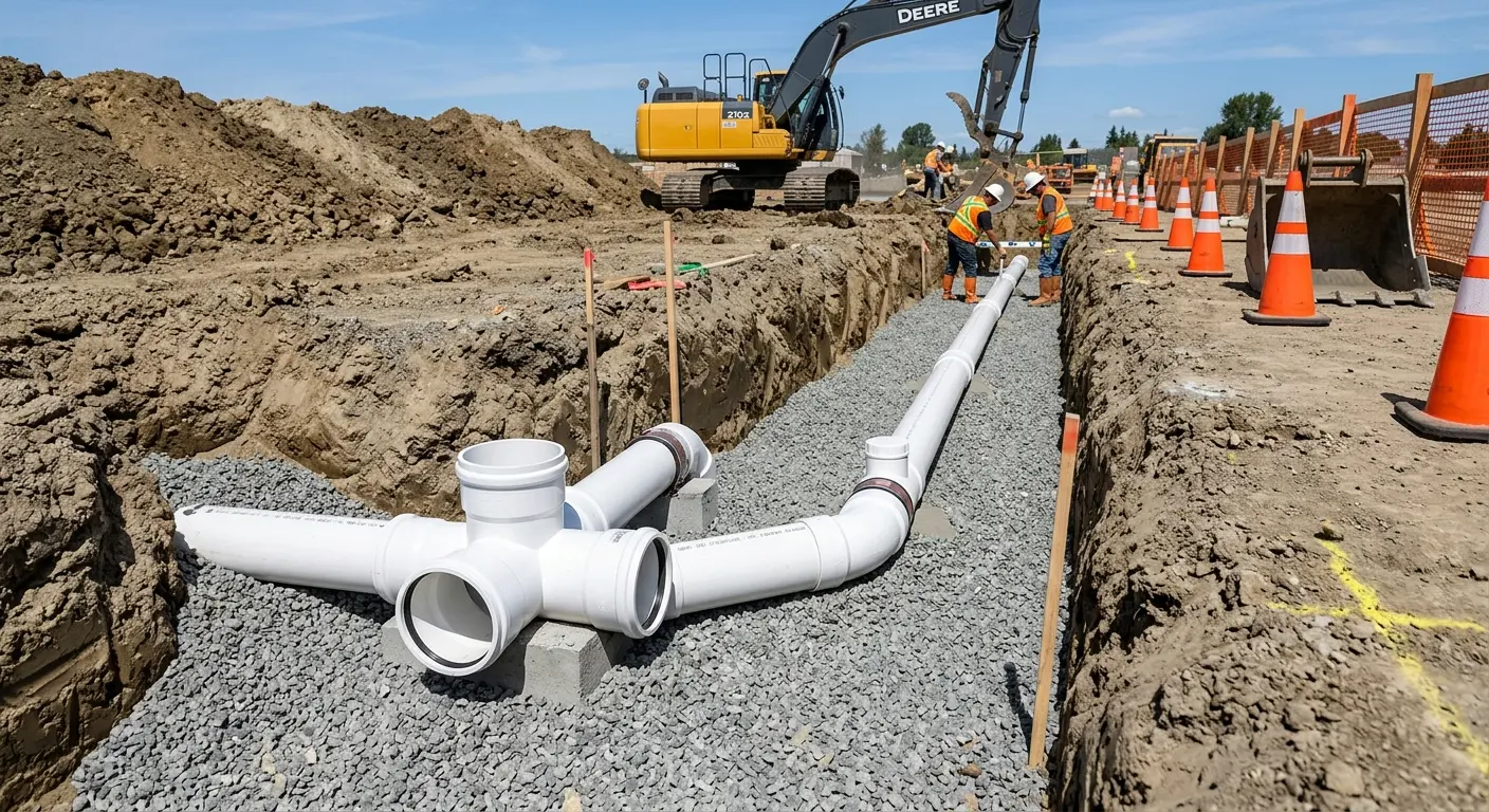 New PVC sewer pipe installation in open trench for Commercial Drain Cleaning in Fort Polk South