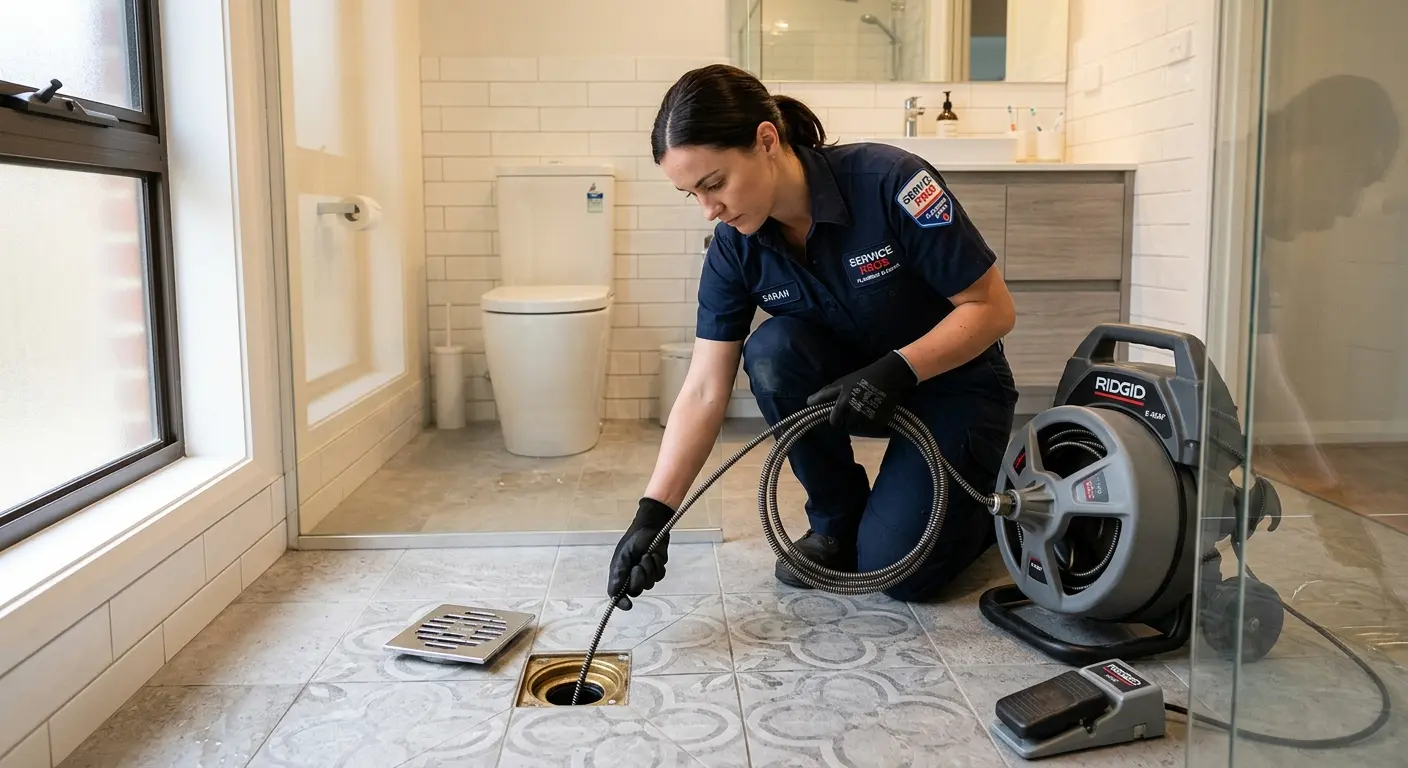 Technician clearing a bathroom floor drain for Clogged Drain Repair in Fort Polk South